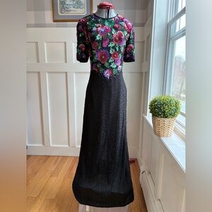 Vintage New Laurence Kazar Black Gown with Purple & Green Floral Sequin Bodice S